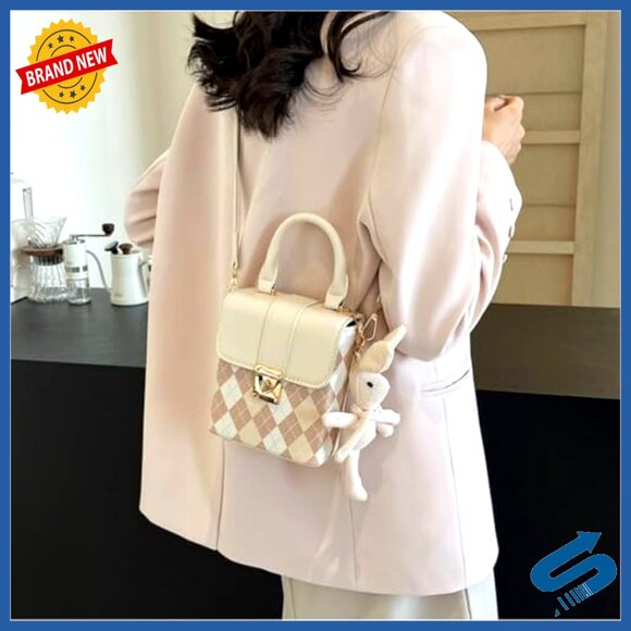 Quilted Faux Leather Satchel Shoulder Bag with Bunny Pendant Crossbody - Picture 6 of 7